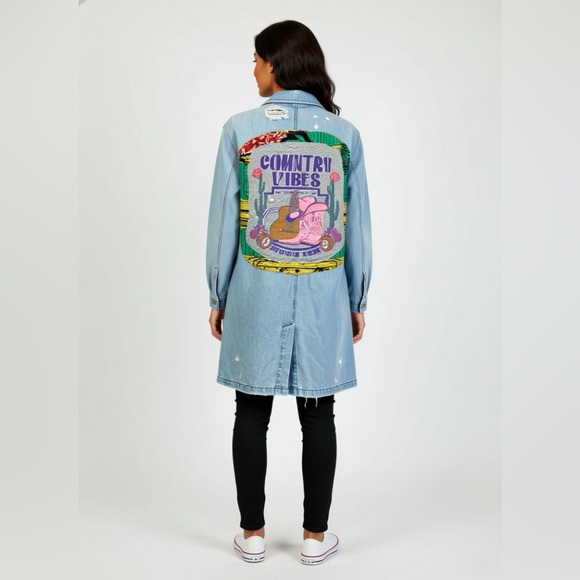 Upcycled Country Vibes Long Light Blue Denim Jacket Womens L Festival Cowgirl - Picture 15 of 15